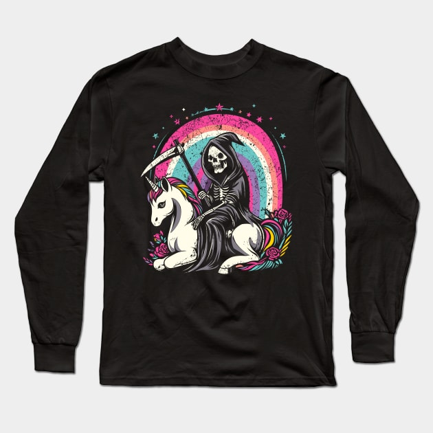 Grim Reaper Unicorn Long Sleeve T-Shirt by Delicious Art